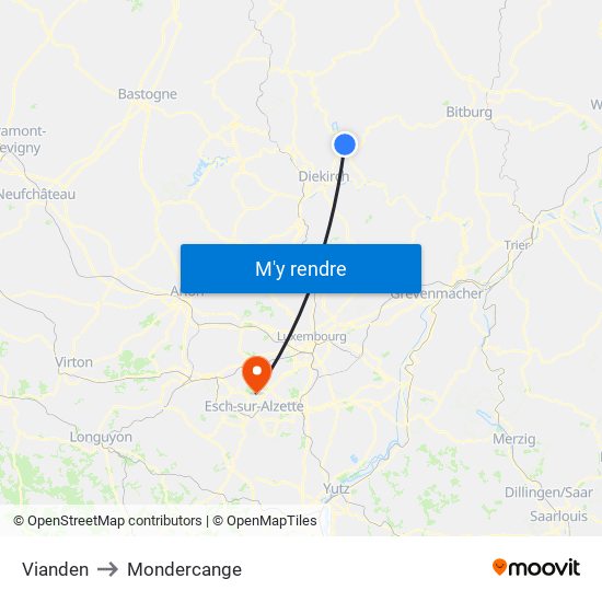 Vianden to Mondercange map