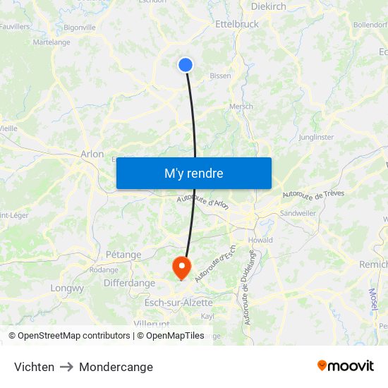 Vichten to Mondercange map