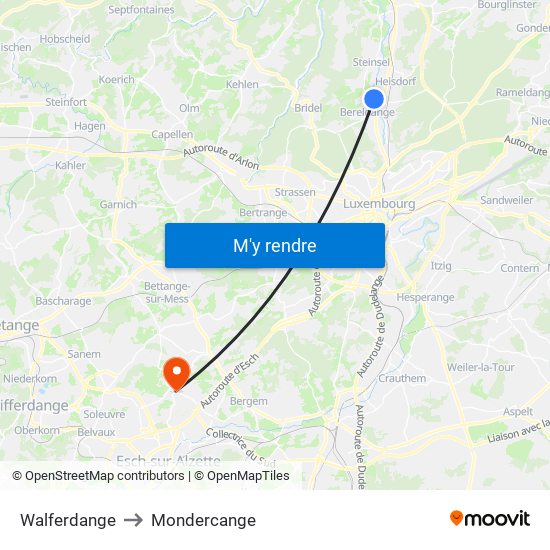 Walferdange to Mondercange map