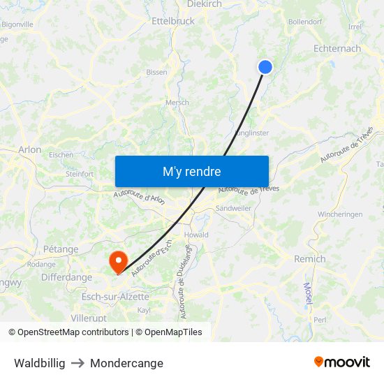 Waldbillig to Mondercange map