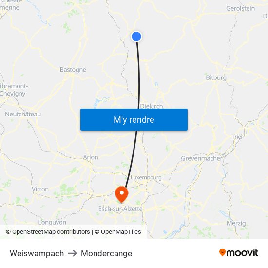Weiswampach to Mondercange map