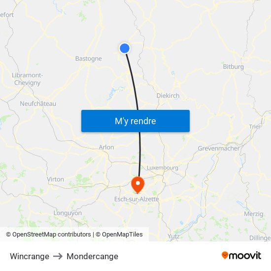 Wincrange to Mondercange map