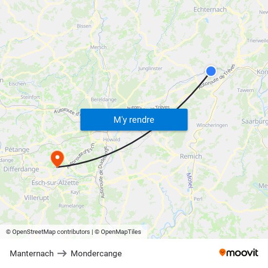 Manternach to Mondercange map