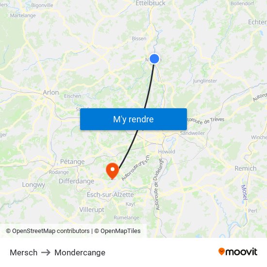 Mersch to Mondercange map