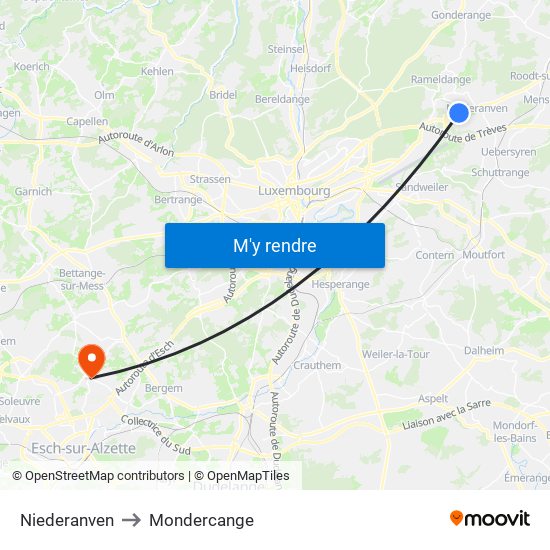 Niederanven to Mondercange map