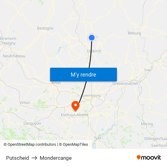 Putscheid to Mondercange map