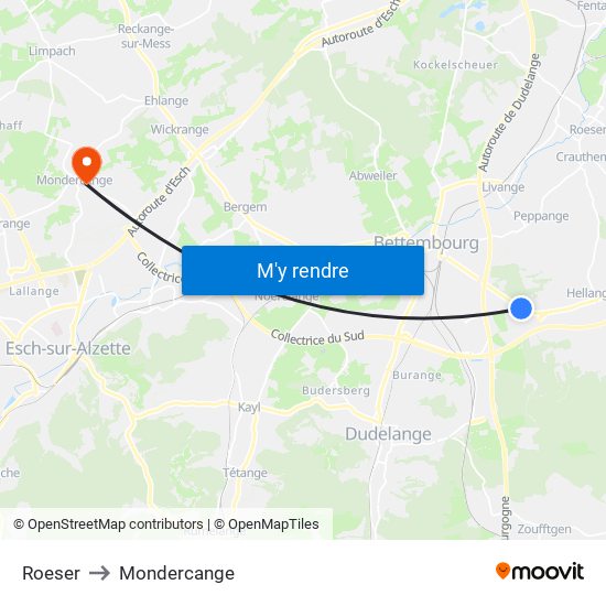 Roeser to Mondercange map