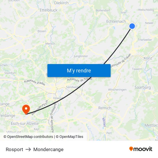 Rosport to Mondercange map