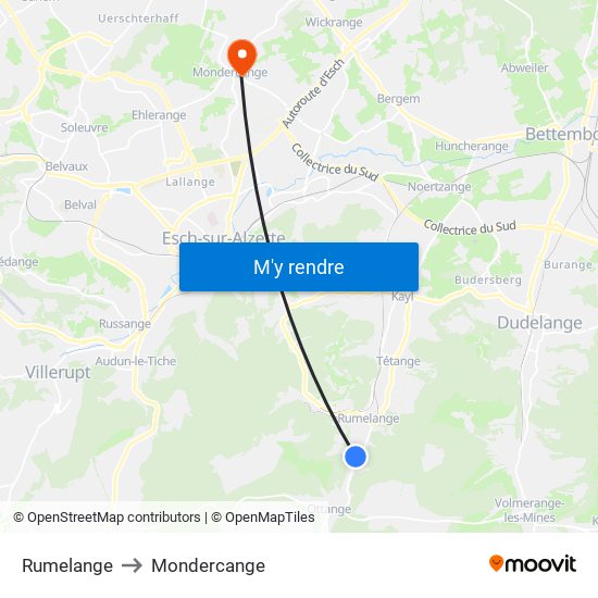 Rumelange to Mondercange map