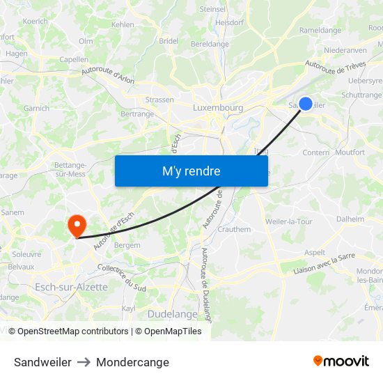 Sandweiler to Mondercange map