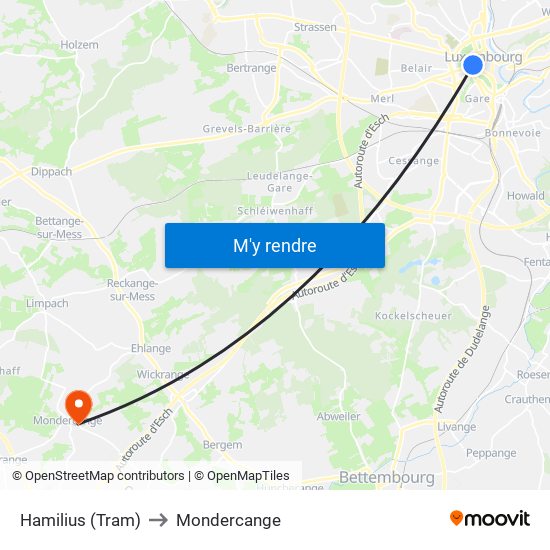 Hamilius (Tram) to Mondercange map