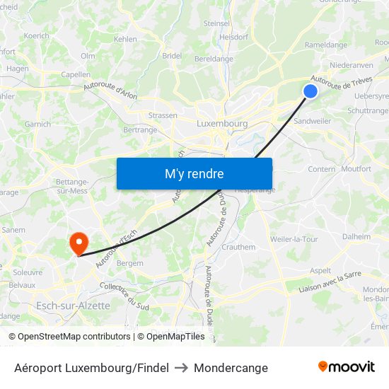 Aéroport Luxembourg/Findel to Mondercange map