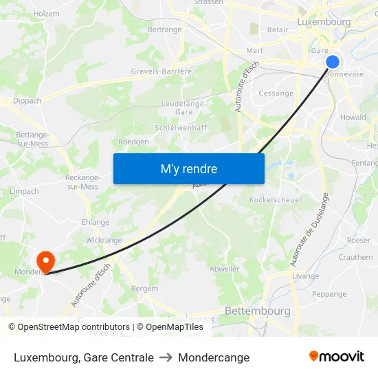 Luxembourg, Gare Centrale to Mondercange map
