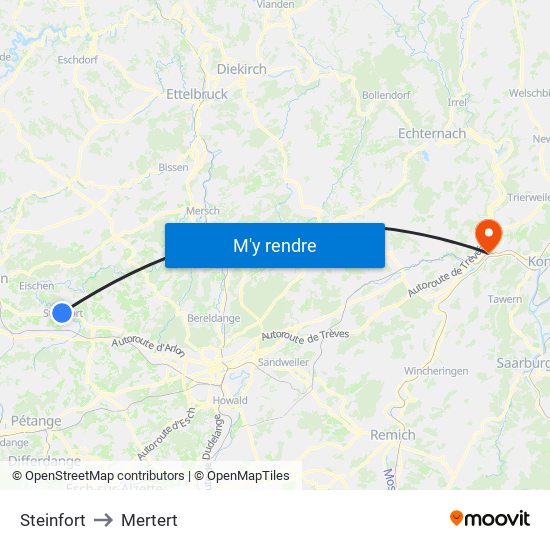 Steinfort to Mertert map