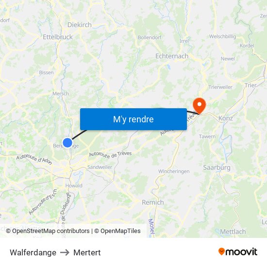 Walferdange to Mertert map