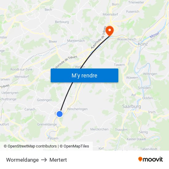 Wormeldange to Mertert map