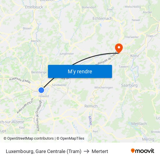 Luxembourg, Gare Centrale (Tram) to Mertert map