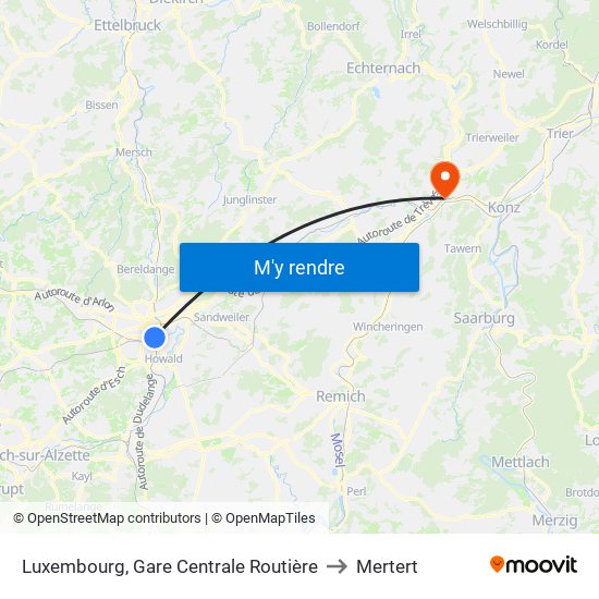 Luxembourg, Gare Centrale Routière to Mertert map