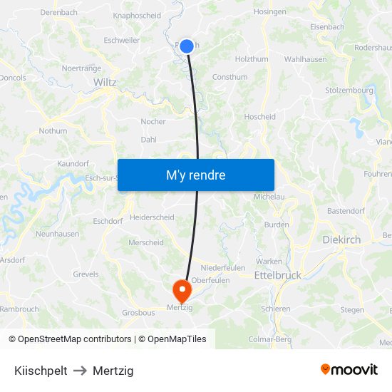 Kiischpelt to Mertzig map