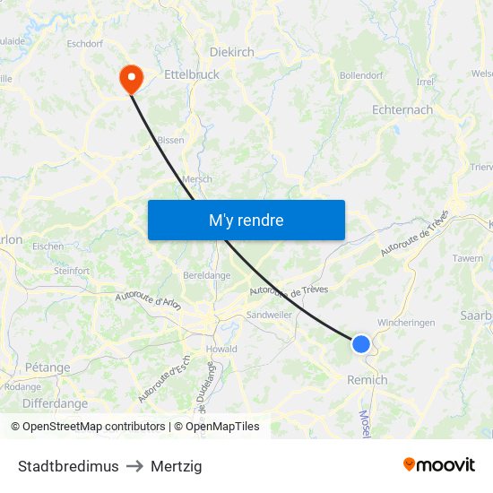 Stadtbredimus to Mertzig map