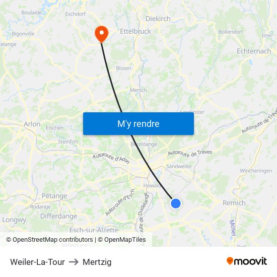 Weiler-La-Tour to Mertzig map