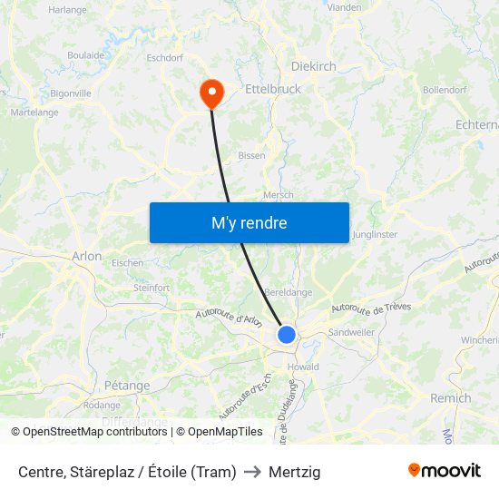 Centre, Stäreplaz / Étoile (Tram) to Mertzig map