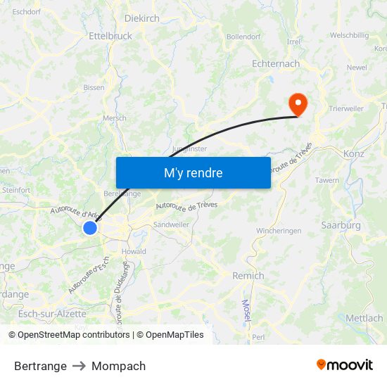 Bertrange to Mompach map