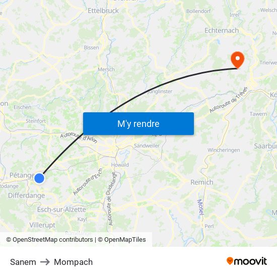 Sanem to Mompach map