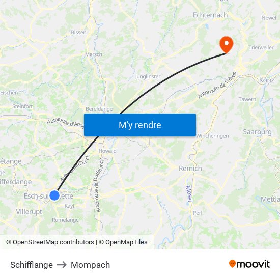 Schifflange to Mompach map