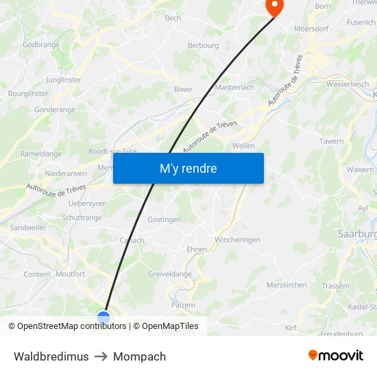 Waldbredimus to Mompach map