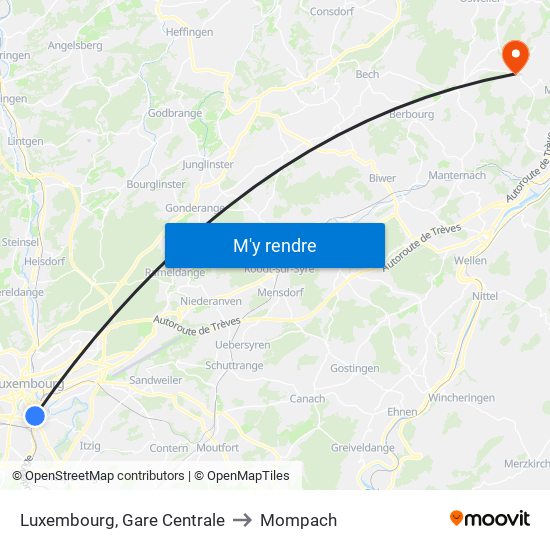 Luxembourg, Gare Centrale to Mompach map