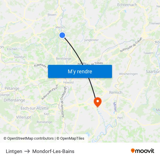 Lintgen to Mondorf-Les-Bains map