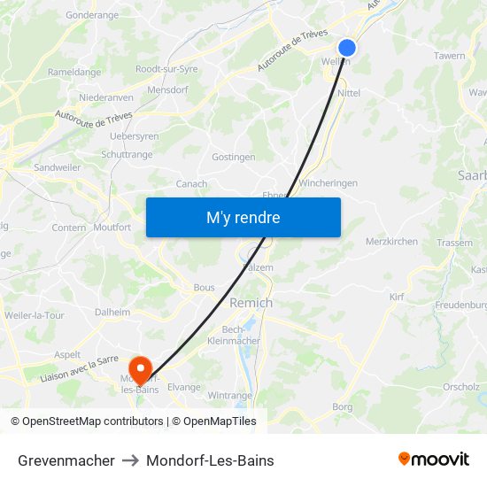 Grevenmacher to Mondorf-Les-Bains map