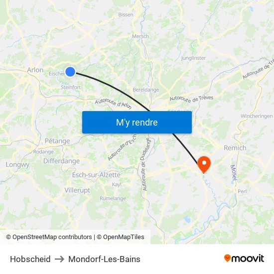 Hobscheid to Mondorf-Les-Bains map