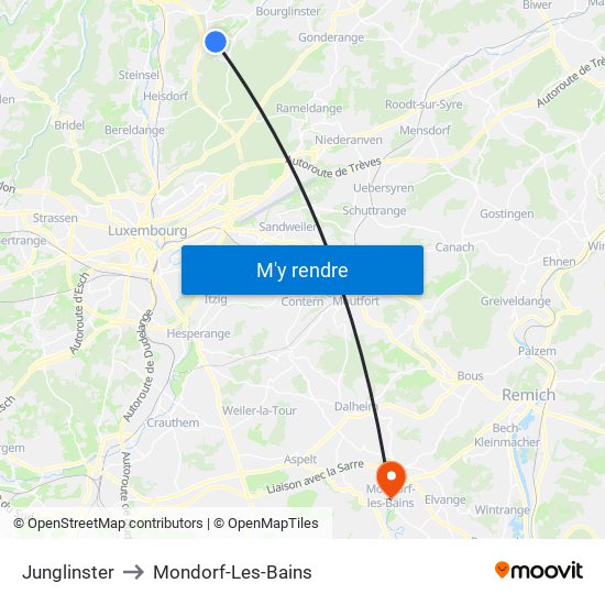 Junglinster to Mondorf-Les-Bains map