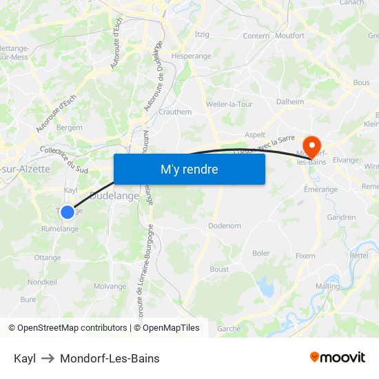 Kayl to Mondorf-Les-Bains map