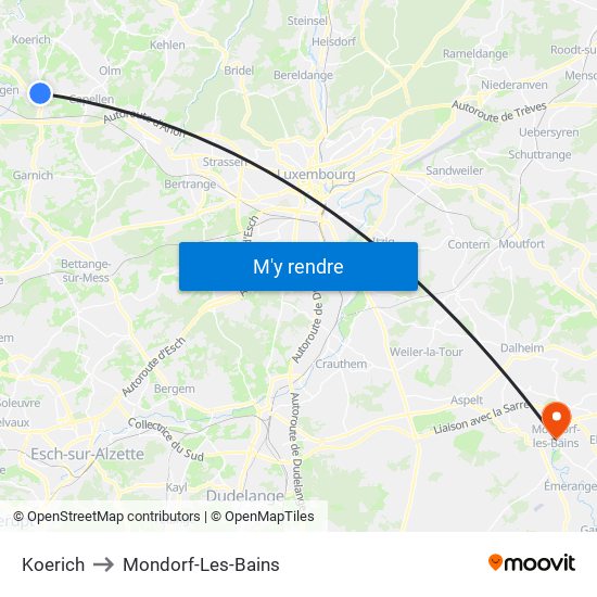 Koerich to Mondorf-Les-Bains map
