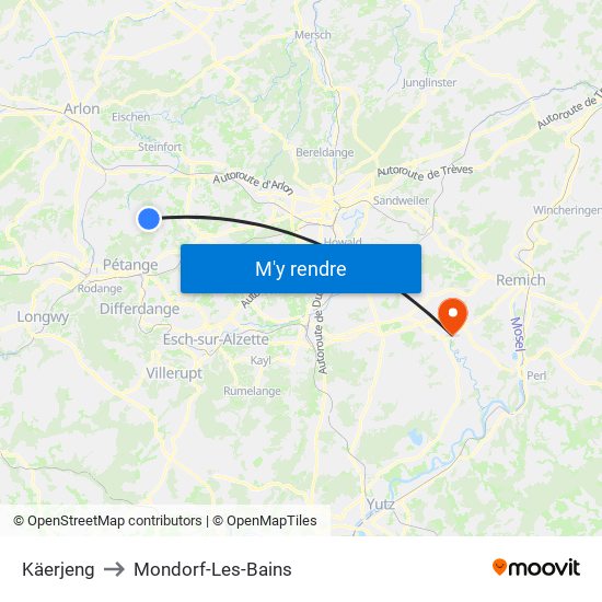 Käerjeng to Mondorf-Les-Bains map