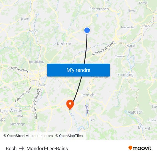 Bech to Mondorf-Les-Bains map