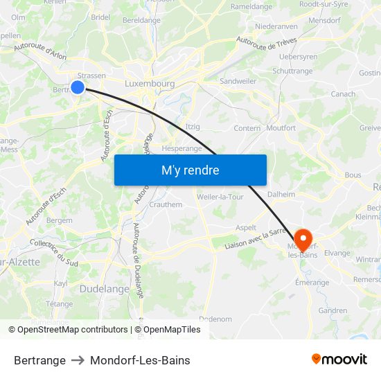 Bertrange to Mondorf-Les-Bains map