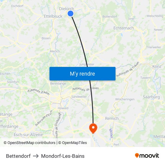 Bettendorf to Mondorf-Les-Bains map