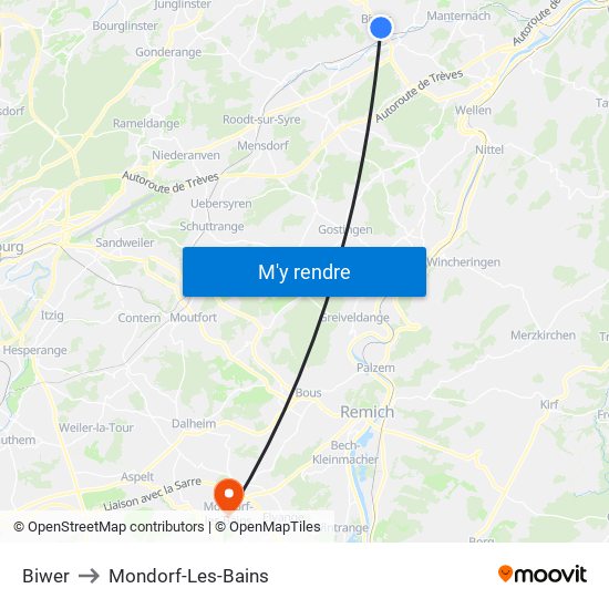 Biwer to Mondorf-Les-Bains map