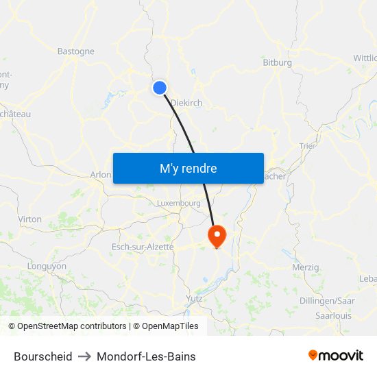 Bourscheid to Mondorf-Les-Bains map