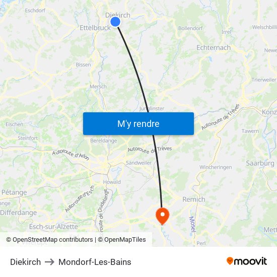 Diekirch to Mondorf-Les-Bains map