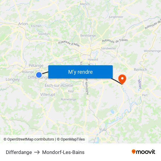 Differdange to Mondorf-Les-Bains map