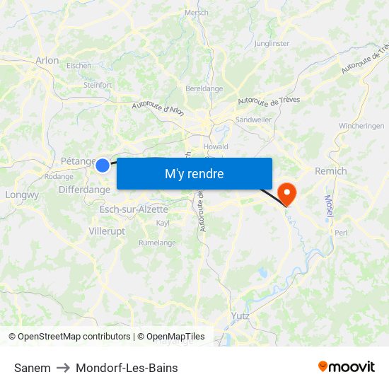 Sanem to Mondorf-Les-Bains map