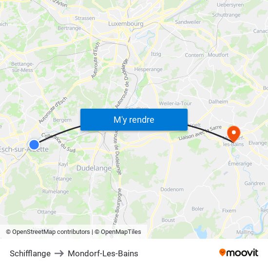 Schifflange to Mondorf-Les-Bains map