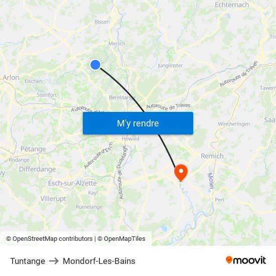 Tuntange to Mondorf-Les-Bains map