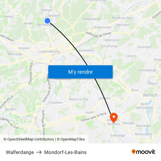 Walferdange to Mondorf-Les-Bains map