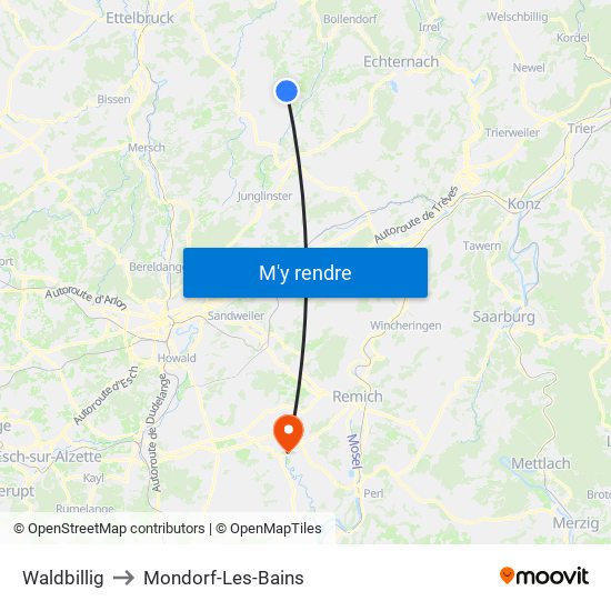 Waldbillig to Mondorf-Les-Bains map